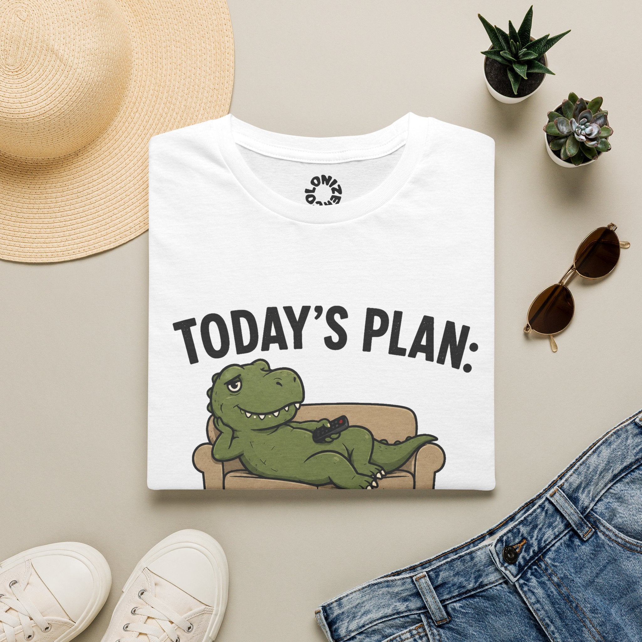 Funny Dino T‑Shirt — "Today's Plan: Wake Up, Survive, Go Back to Bed"